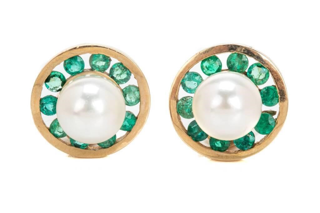 PAIR OF 14K GOLD, EMERALD AND PEARL EARRINGS, 8.1g