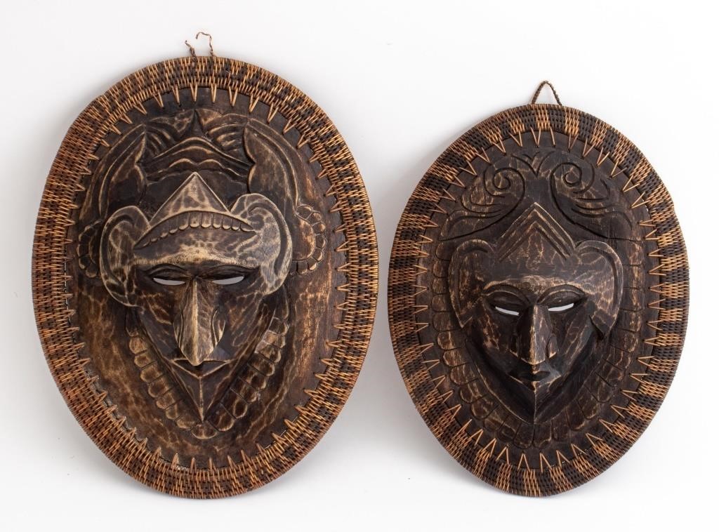 Indonesian Carved Wood and Rattan Masks, Pair