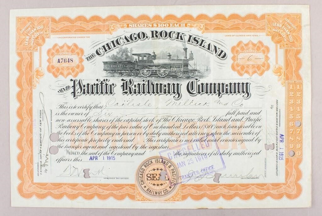 1915 Chicago, Rock Island Railroad Stock Cert.