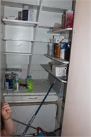 contents of pantry in kitchen. Paint, mops, clean