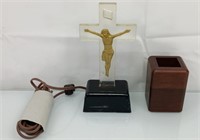 Vintage lighted cross and walnut pen holder