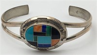 Sterling Silver & Inlaid Stone Cuff Bracelet
