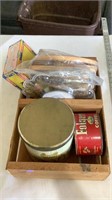 Wooden crate, tins, embroidery rings