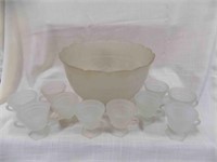 Vintage Satin Frosted Punch Bowl/10 footed cups