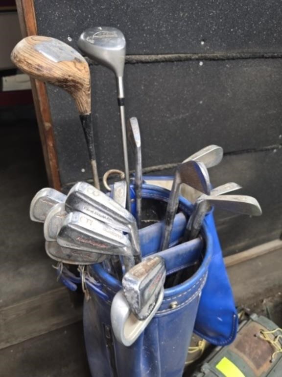 Old Blue Leather Golf Bag w/ Set of Clubs