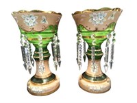 Pair of Antique Hand Painted Enameled Green Glass