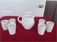 Fenton white hobnail pitcher and 6 glasses