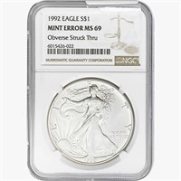1992 Silver Eagle NGC MS69 OBV Struck Thru Mint