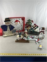 Holiday decorations including ceramic tile tray,