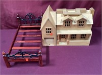 Wooden Dollhouse With Some Furniture & A Doll Bed