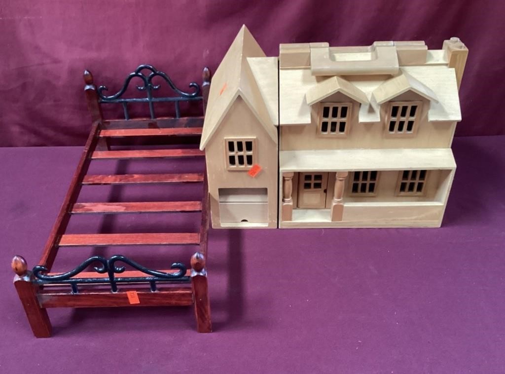Wooden Dollhouse With Some Furniture & A Doll Bed