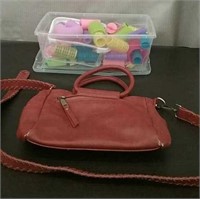 Box-Brown Handbag Purse & Tub Of Assorted Rollers