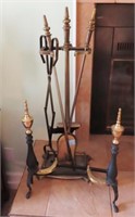 BRASS AND IRON FIRE TOOL SET AND ANDIRONS