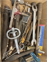 Box of miscellaneous, drillbits, wrenches, tools,