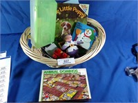 Animal Dominoes, Basket, Stuffed Hippo, Books,
