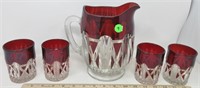 Ruby Red flash glass pitcher & 4 cups
