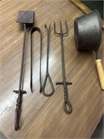 VINTAGE HAND FORGED CAST FIRE TOOLS AND A CAST