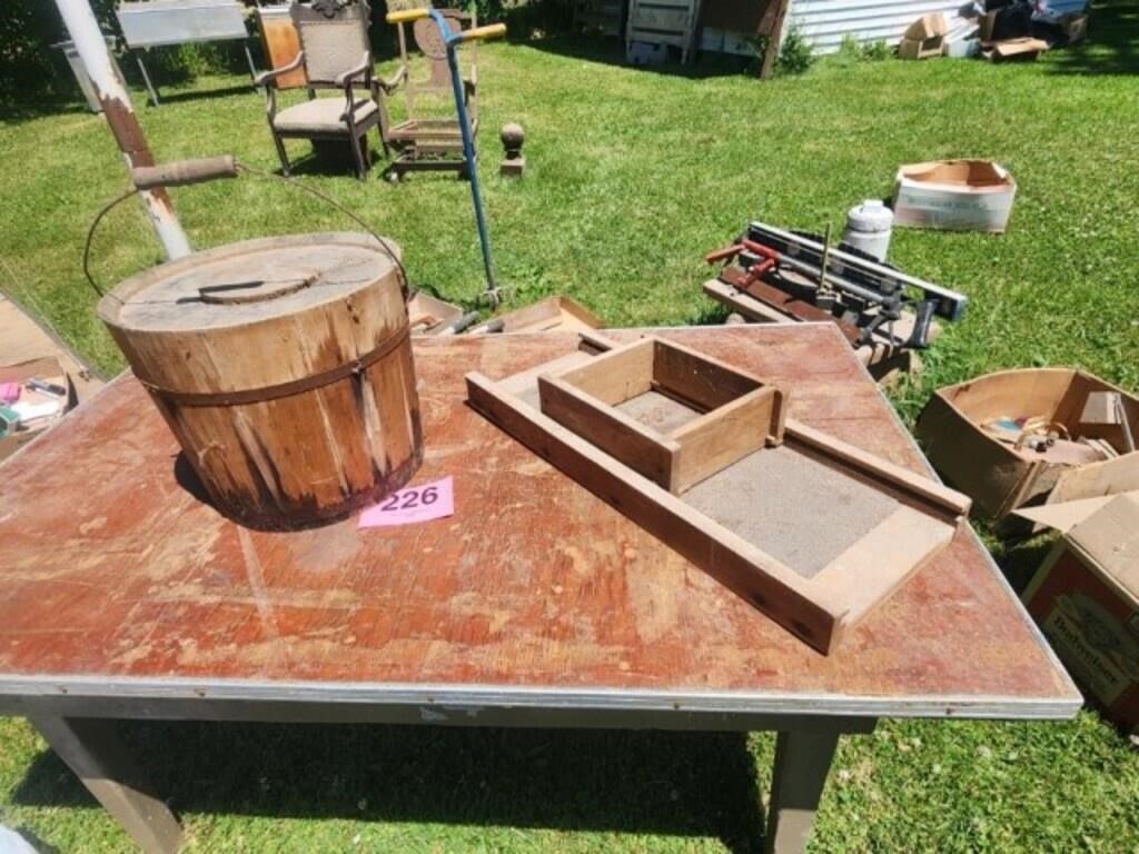 Antique wood bucket & krutcutter.