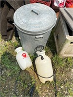 Galv trash can, garden hose, pump up sprayers