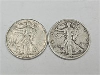 2- 1945 D Walking Liberty Silver Half Dollar Coins