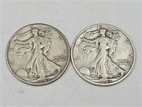 2- 1943 D Walkiing Liberty Silver Half Dollar Cois