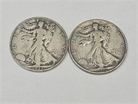 2- 1937 S Walking LIberty Silver Half Dollar Coins