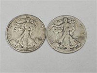2- 1942 D Walking Liberty Silver Half Dollar Coins