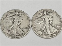 2- 1939 D Walking Liberty Silver Half Dollar Coins