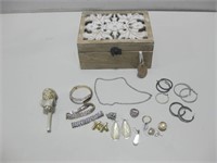 Wood Box W/Costume Jewelry & Figurine See Info