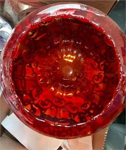 Red Glass Rose Bowl and candle holders