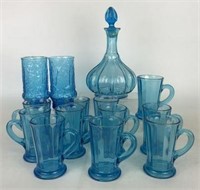 Vintage Blue Glass Decanter, Mugs & Glasses
