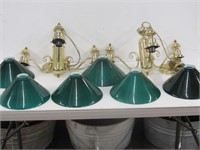 2 Brass Hanging Lights with Green Shades
