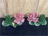 Pair Capodimonte Rose Porcelain Candleholders