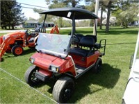 Red Jacked Up Club Car Gas Golf Cart w/ Rear Seat