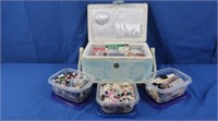 Sewing Box, Pinking Shears, Buttoneer, Buttons