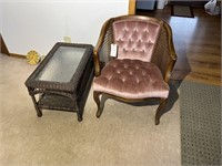 VINTAGE CONVERSATION CHAIR WITH WICKER SIDE TABLE
