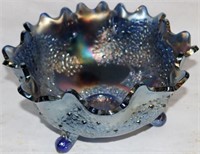 BLUE CARNIVAL FOOTED BOWL W/RUFFLED EDGE,