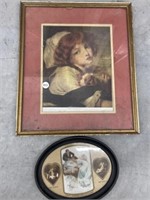 2 Framed Vintage Prints - Girl With Dog And Cupid