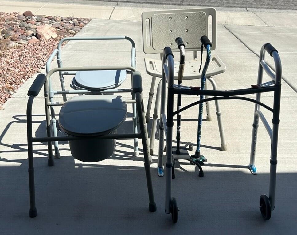 D - LOT OF WALKERS, BATH CHAIR,  TOILET CHAIRS (G2