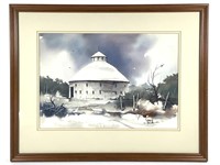 Jerry Baum Watercolor Round Barn 1982 Framed