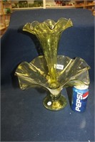 AVOCADO GLASS FLUTED EDGE TWO PIECE VASE