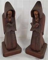 Pair Of Wood Carved Monk Bookends