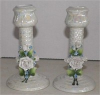 German Lustre Ware Candlesticks Applied Roses