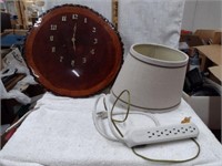 Wood Handcrafted Clock, brass desk lamp, power str