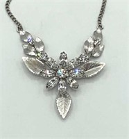 Silver Tone Rhinestone Leaf Spray Flower Necklace