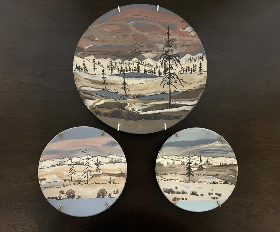 3 Painted artisian wall hanging plates