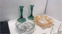 Candle sticks, juicer, and carnival glass candy