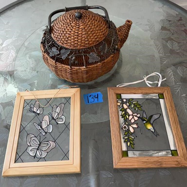 Decorative tea pot & 10.5x12.5” glass wall art
