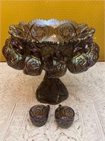 Carnival Glass Pedestal Punch Bowl Set