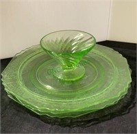 Green uranium glass - three dinner plates and one